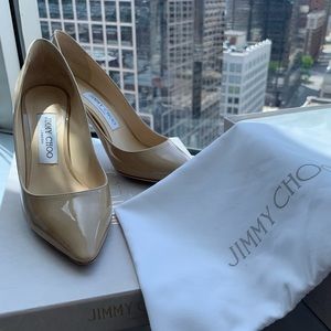 Jimmy Choo Romy 85mm Nude Patent Pumps 36.5